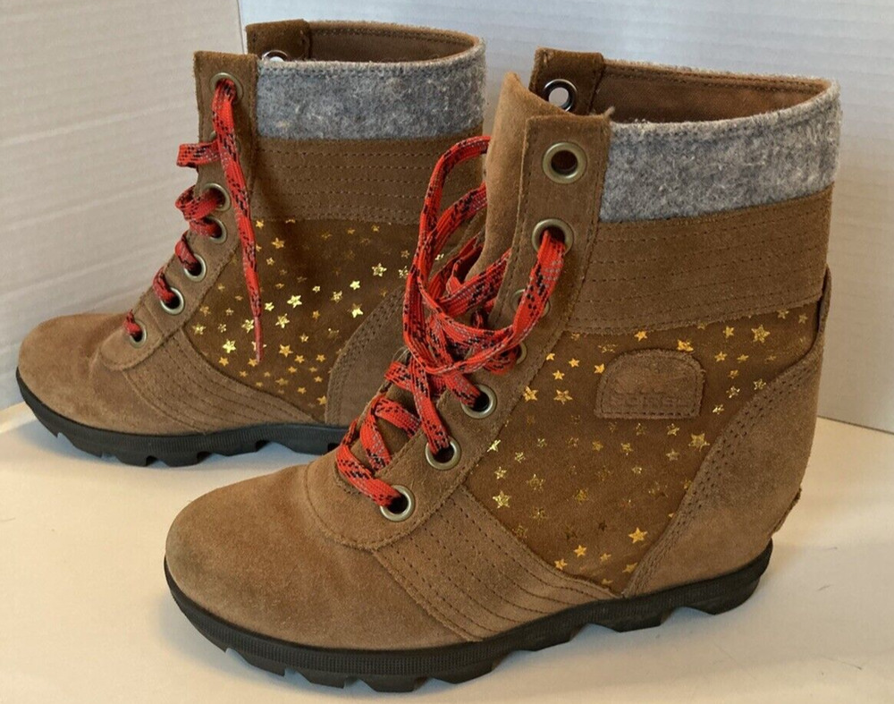 Sorel Lexie Wedge Waterproof Boots Women's Size 4 Brown Suede Lace Up Stars